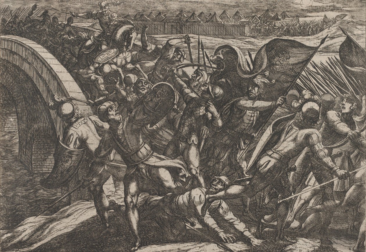 Plaat 27: De Nederlanders Tijdens een Verrassingsaanval op het Romeinse Kamp aan de Moezel, uit De Wa..., 1611 door Antonio Tempesta
