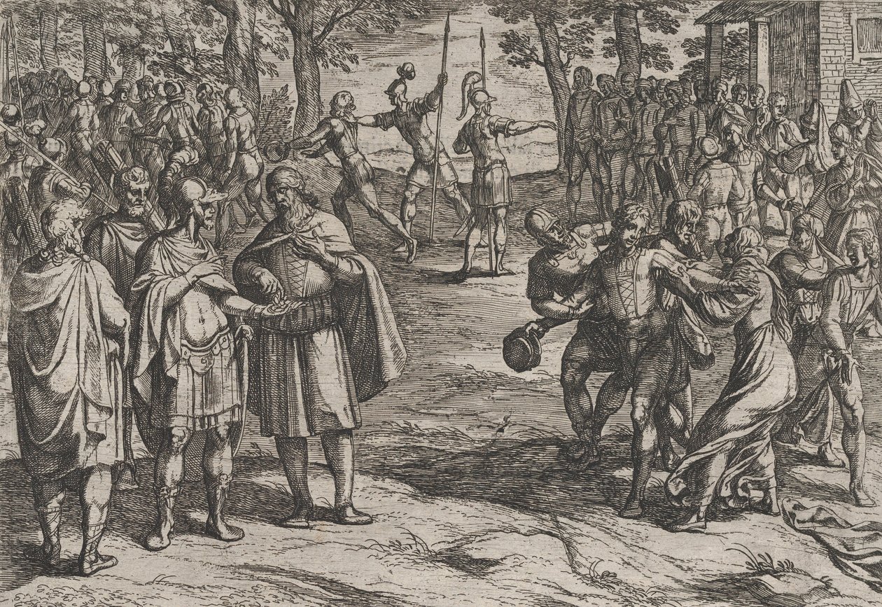 Plaat 2: De Romeinen nemen Oude Nederlandse Mannen als Gijzelaars en Verleiden Jonge Mannen, uit De Oorlog..., 1611 door Antonio Tempesta