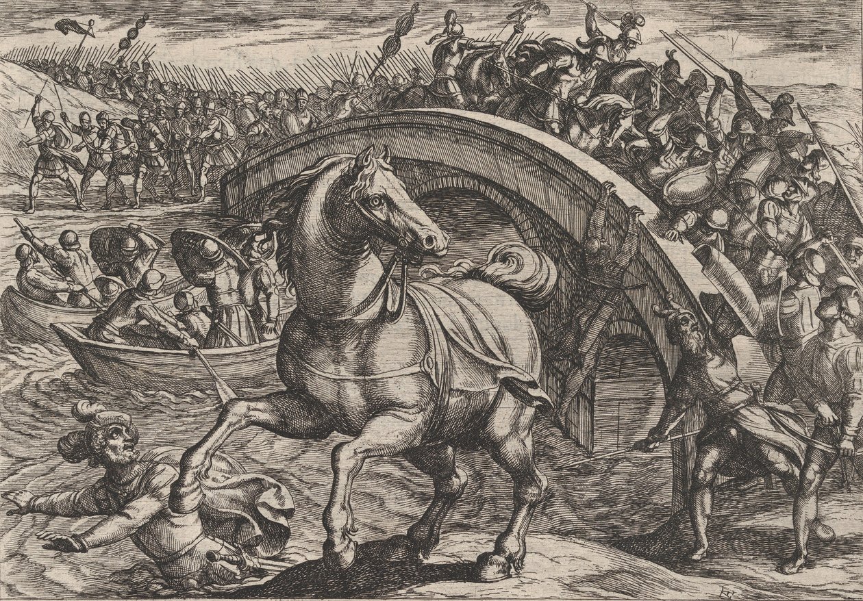 Plaat 31: Civilis gedwongen om af te stijgen en de rivier over te zwemmen, uit De Oorlog van de Romeinen..., 1611 door Antonio Tempesta