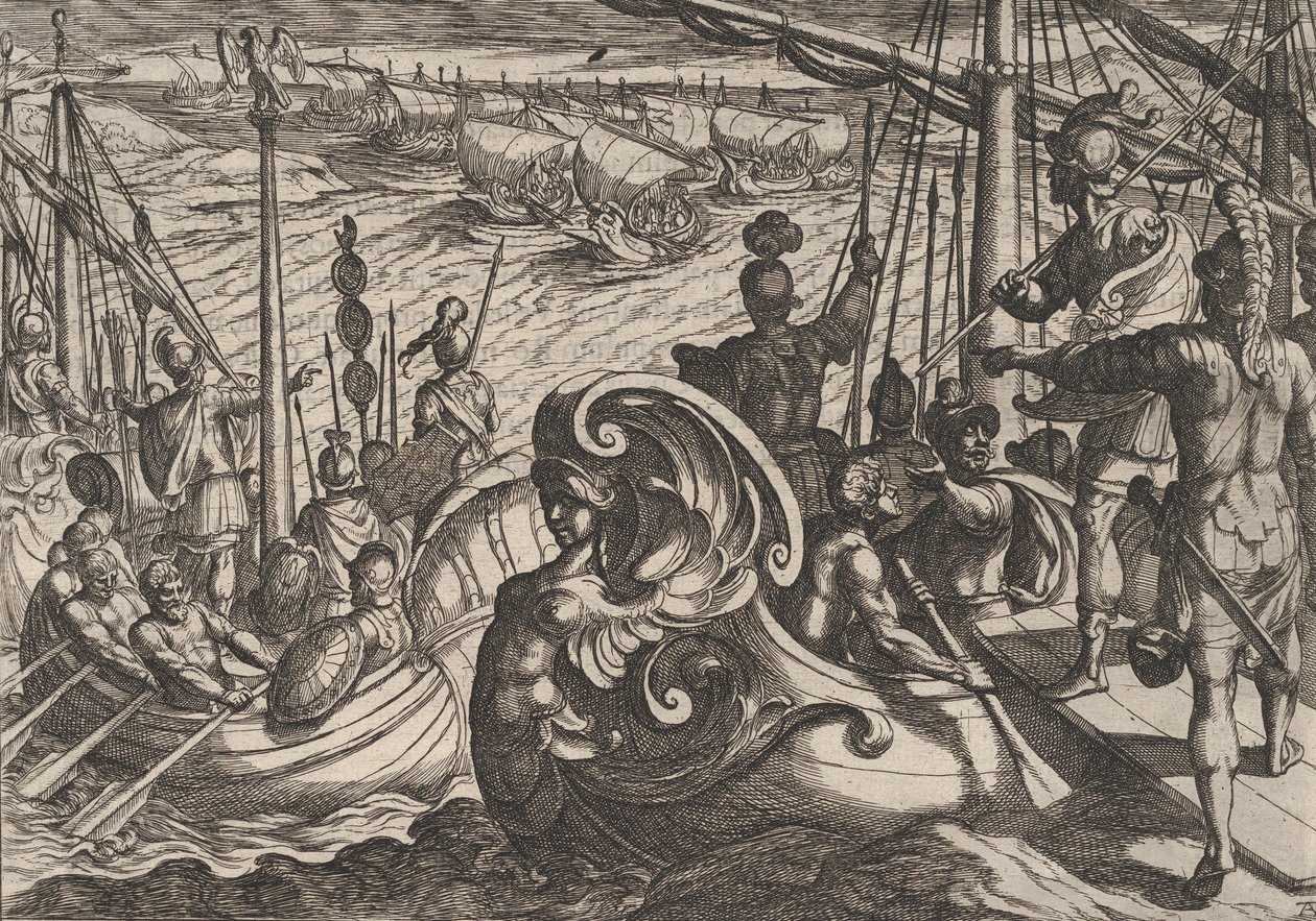 Plaat 33: Nederlandse en Romeinse vloten op de Rijn, uit De oorlog van de Romeinen tegen de Bataven door Antonio Tempesta