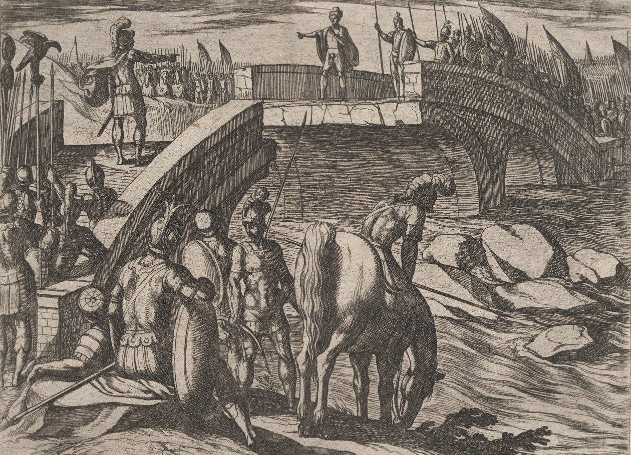 Plate 36: Civilis en Cerialis ontmoeten elkaar op een gebroken brug om een akkoord te bereiken, uit De Oorlog van... door Antonio Tempesta