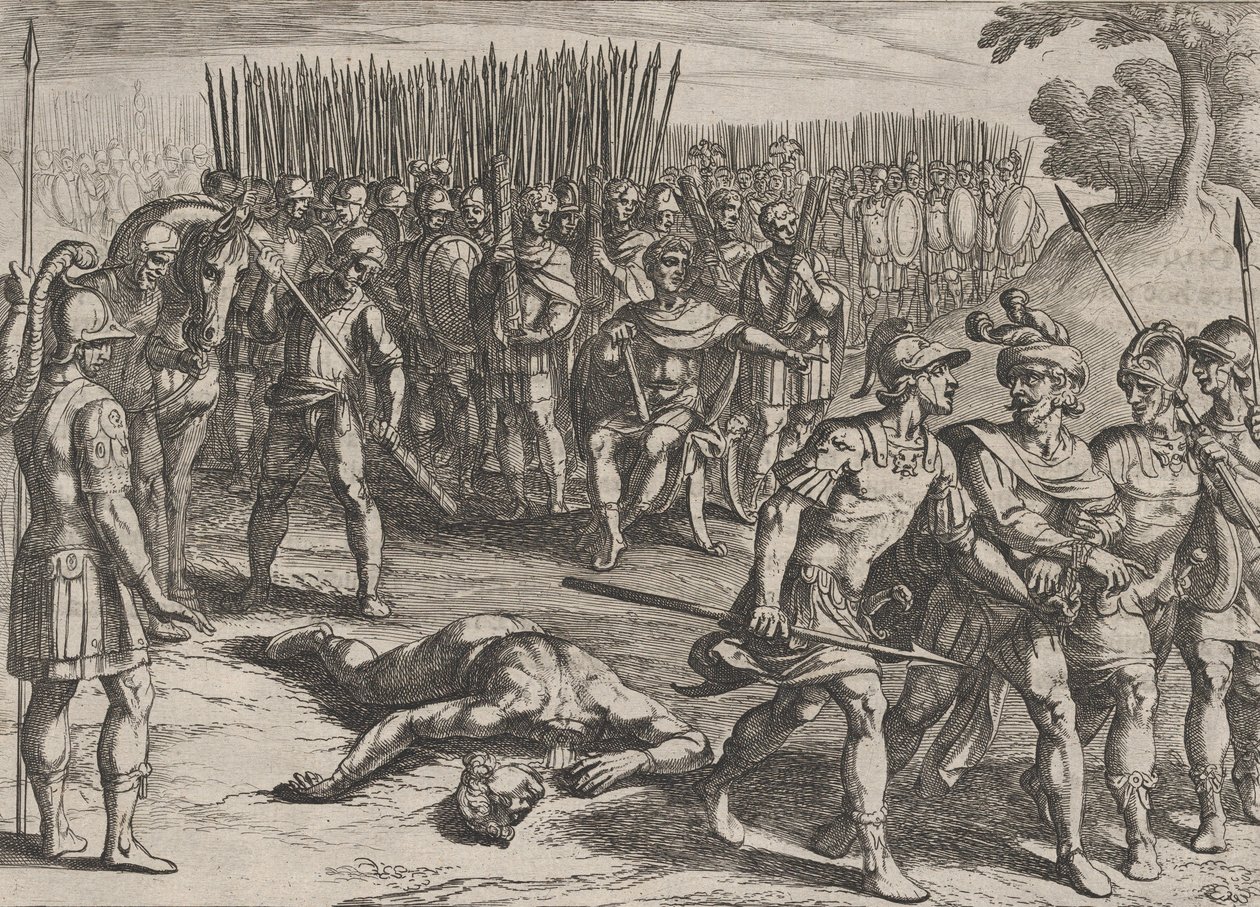 Plaat 3: Claudius Civilis gearresteerd en zijn broer Paulus onthoofd, uit De Oorlog van de Ro..., 1611 door Antonio Tempesta