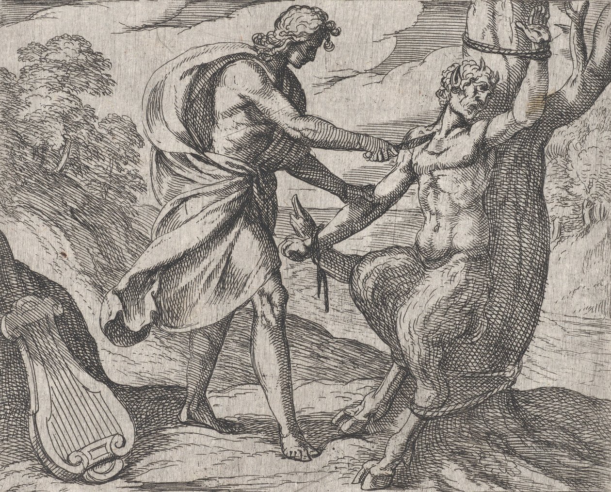 Plaat 58: Apollo doodt Marsyas Marsyas victus ab Apolline excoriatur, uit Ovidius