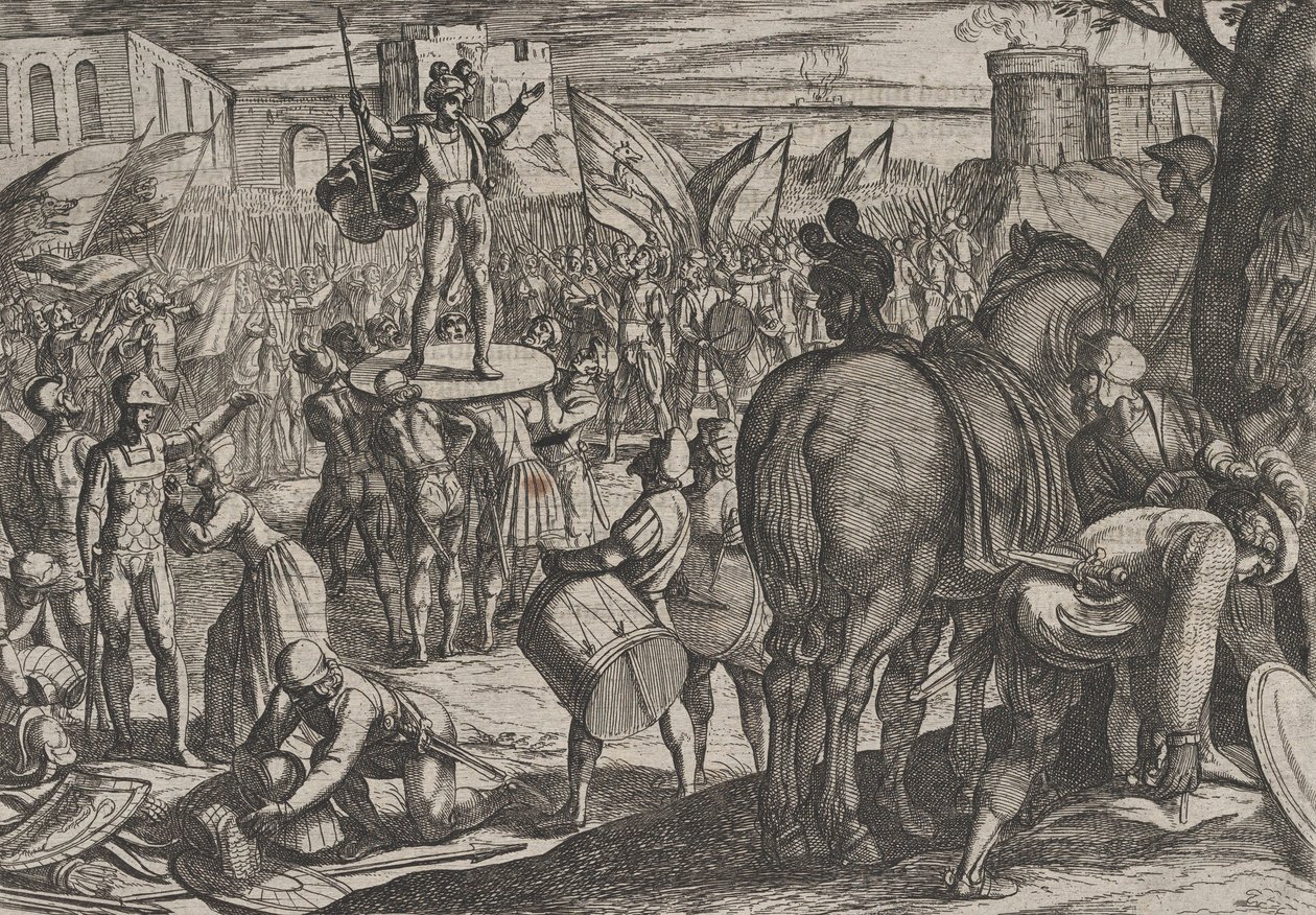 Plaat 5: Bruno benoemd tot leider van de Caninefaten, uit De oorlog van de Romeinen tegen de..., 1611 door Antonio Tempesta