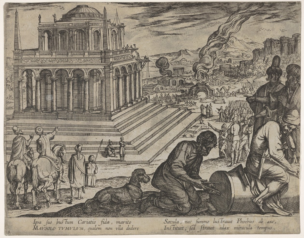 Plaat 5: Graf van Mausolos, steenhouwers maken rechts een zuil, uit „De zeven wereldwonderen” door Antonio Tempesta