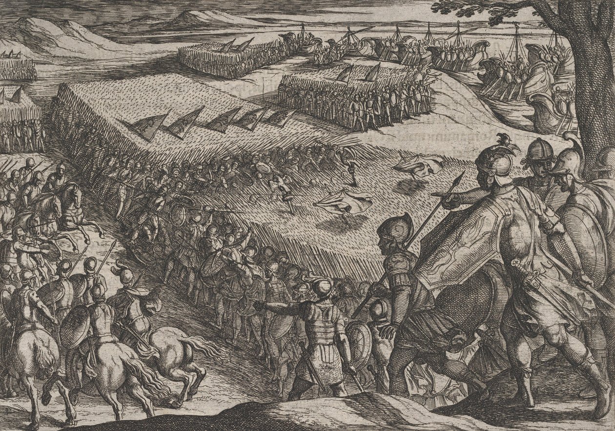 Plaat 6: Romeinen verslagen bij de Rijn, uit De oorlog van de Romeinen tegen de Bataven door Antonio Tempesta