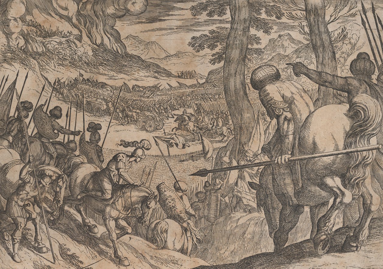 Plate 8: Alexander omsingelt de vijandelijke troepen met vuur, uit De Daden van Alexander de... door Antonio Tempesta