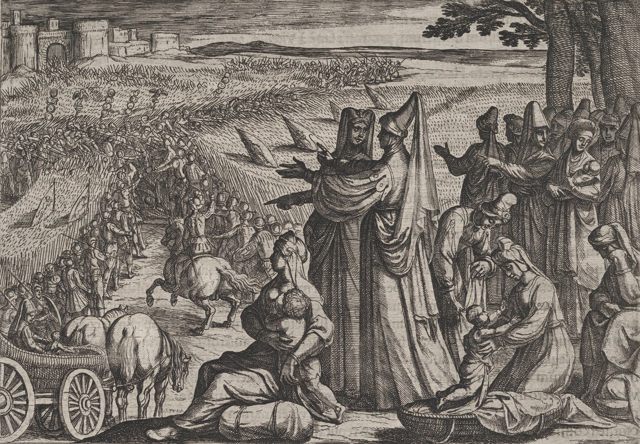 Vrouwen en kinderen observeren Civilis die tegen de Romeinen vecht, uit De Oorlog van de Romeinen door Antonio Tempesta