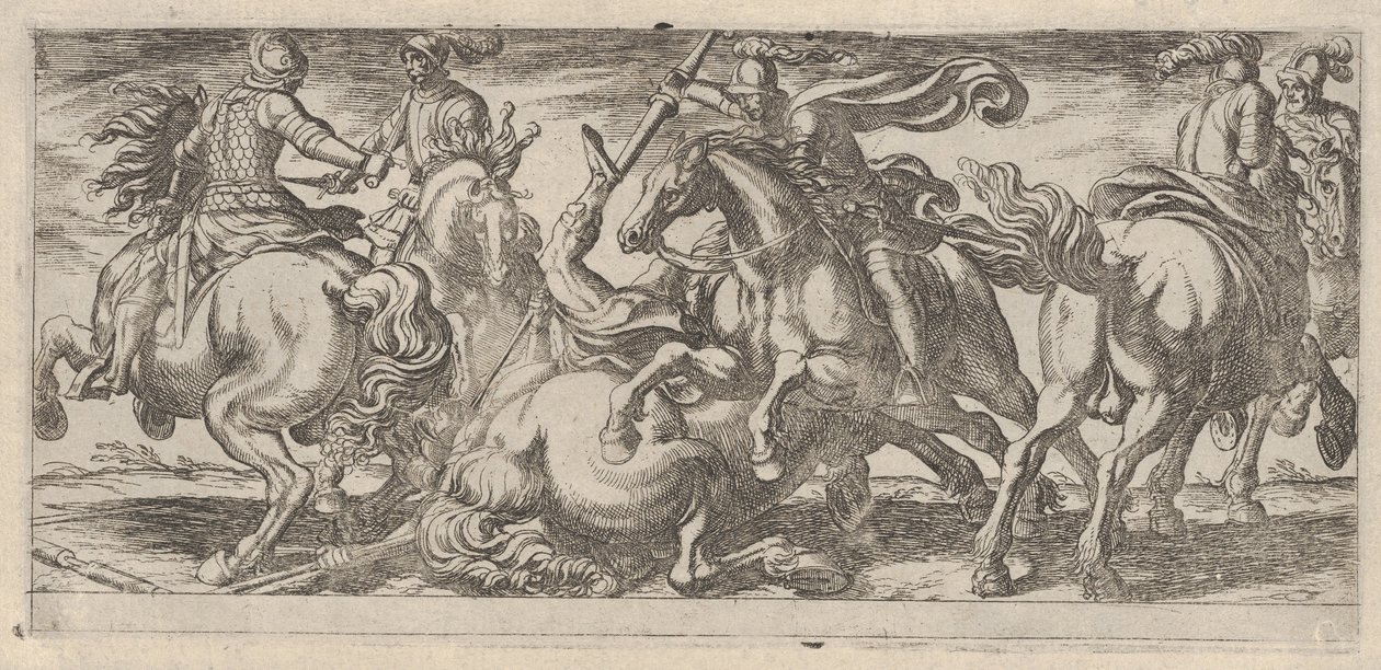 Zes ruiters in gevecht, uit Gevechtsscènes I, ca. 1590-1630 door Antonio Tempesta