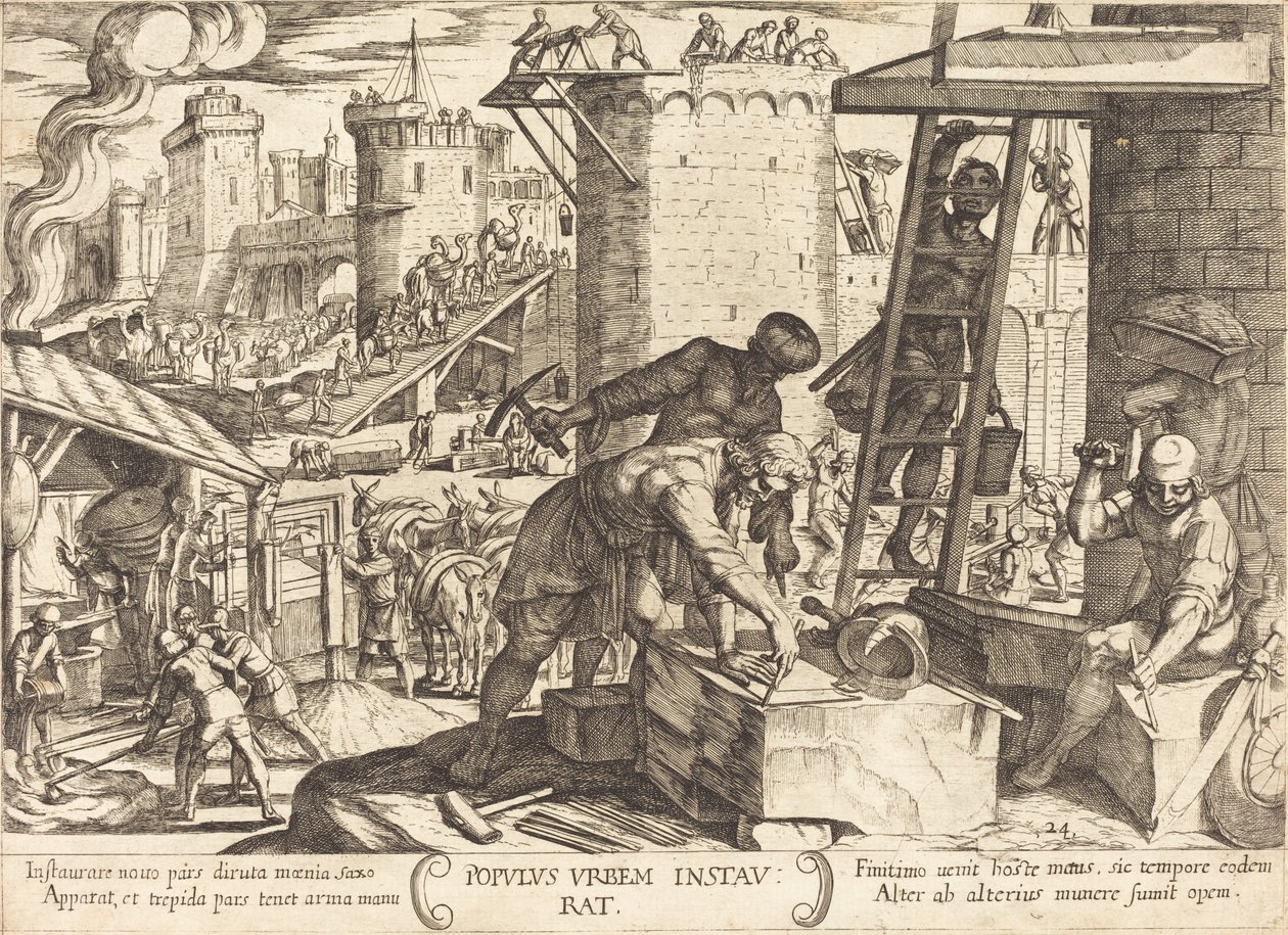 De Israëlieten herbouwen de muren van Jeruzalem door Antonio Tempesta