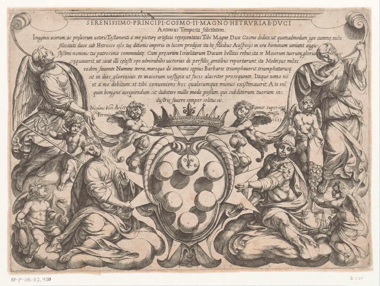 Titelprent met opdracht aan en wapen van Cosimo II de