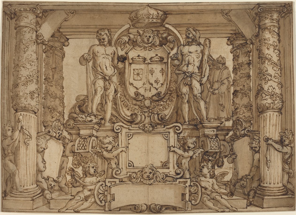 Een architectonisch wandontwerp ter ere van Hendrik IV, de Gallische Hercules door Antonio Tempesta or Agostino Ciampelli