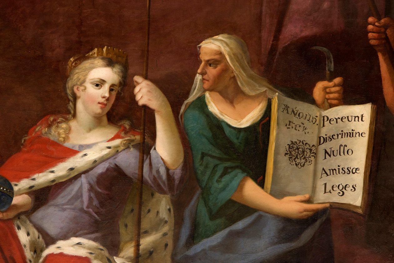 Koningin Anne als Britannia, met een profetes (detail) door Antonio Verrio