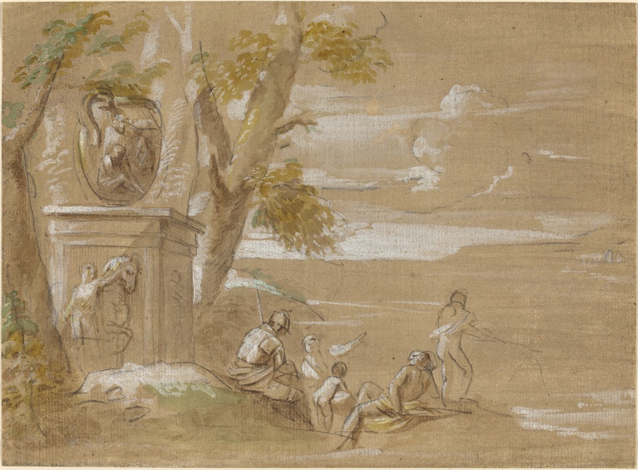 Een landschap met zittende soldaten en vissers door Antonio Visentini