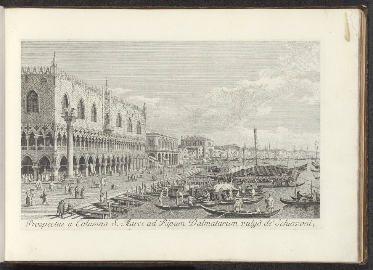 Hoek van het San Marcoplein met het Dogepaleis en de zuil met de Leeuw van Venetië door Antonio Visentini