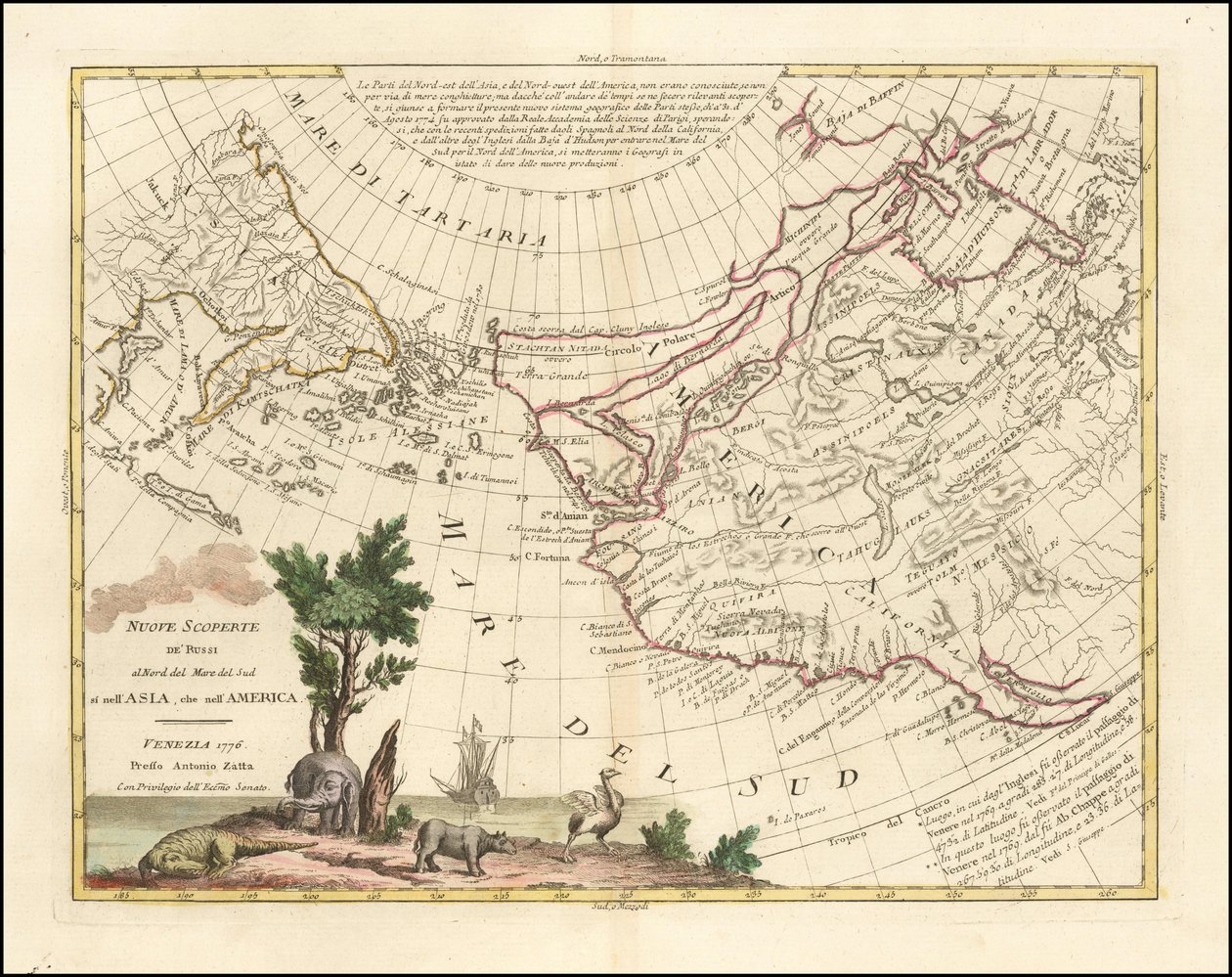 1776 kaart - Nieuwe ontdekkingen van de Russen ten noorden van de Zuidzee in zowel Azië als Amerika door Antonio Zatta
