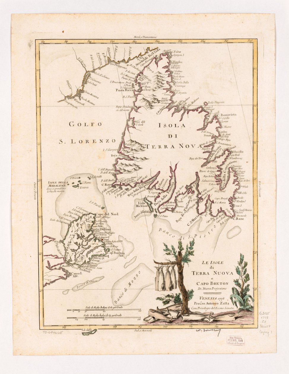 De eilanden Terre Nuova en Cape Breton van nieuwe projectie 1778. LOC 73694665 door Antonio Zatta