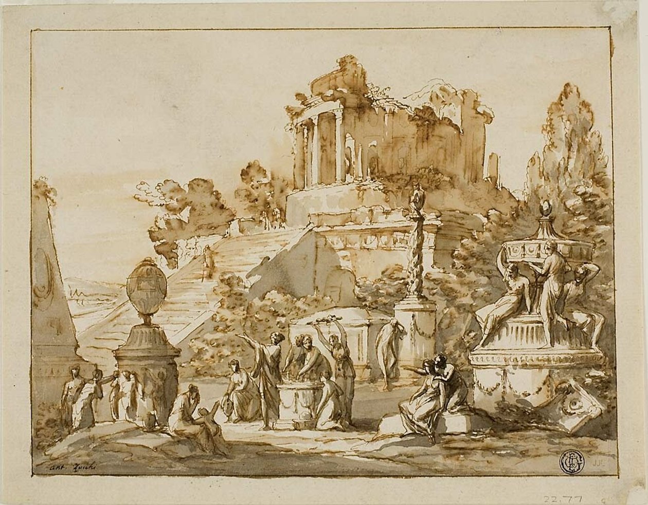 Klassiek landschap met verwoeste tempel op heuvel, vrouwenfiguren eronder door Antonio Zucchi