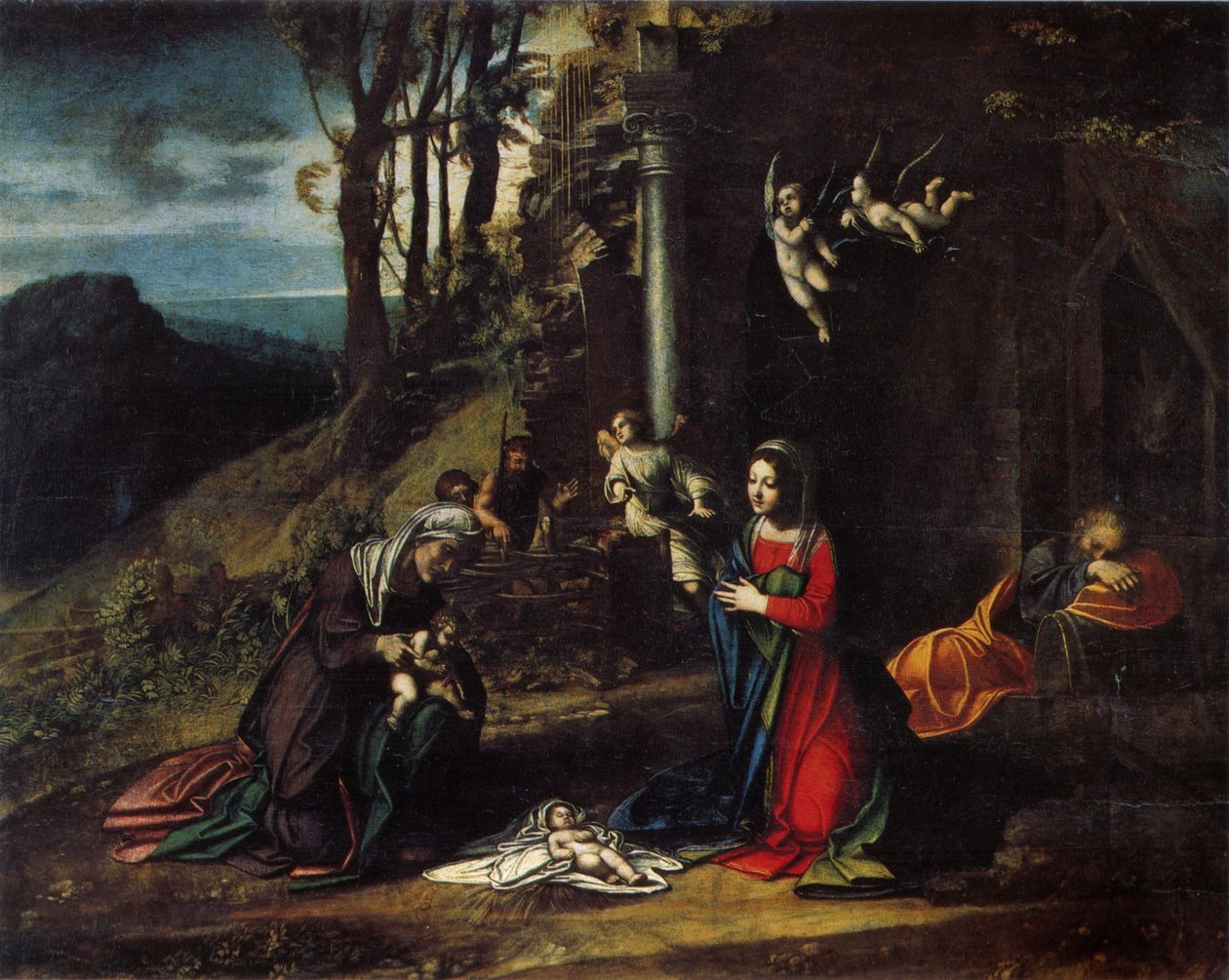 Italiaans: Geboorte met de heiligen Elizabeth en Johannes Geboorte met de heiligen Elizabeth en Johannes de Doper door Antonio da Correggio