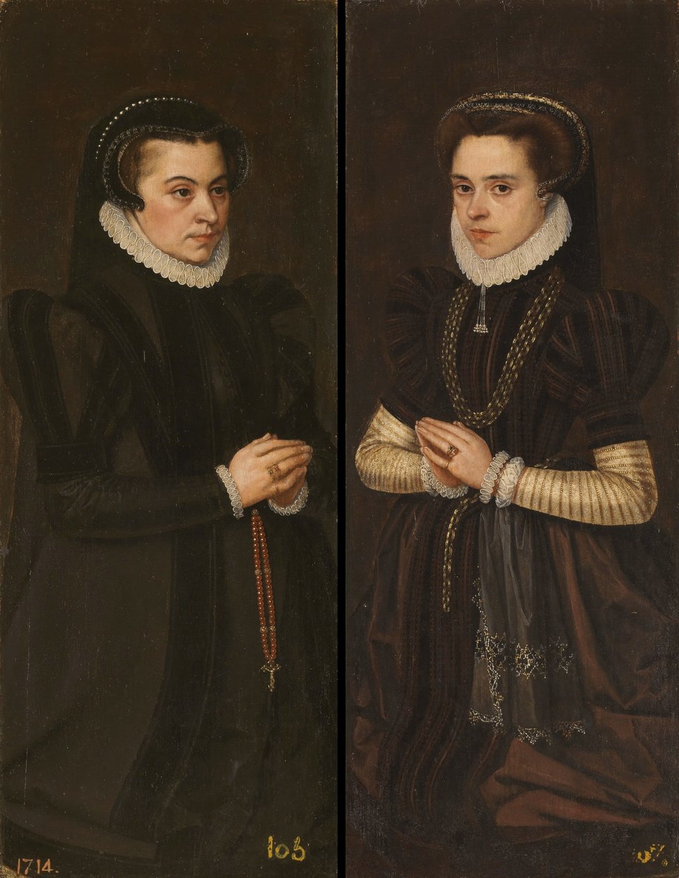 Margaretha van Parma en Maria van Portugal, echtgenote van Alexander Farnese door Antonis Mor