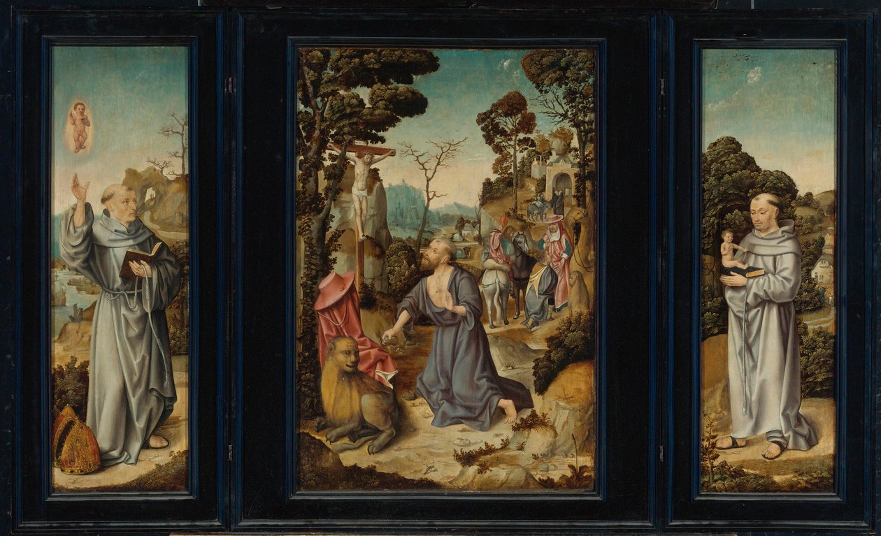 Een drieluik: Scènes uit het leven van St. Jerom, St. Antonius van Padua, St. Bernardus van Clairvaux door Antwerp School c. 1525 3