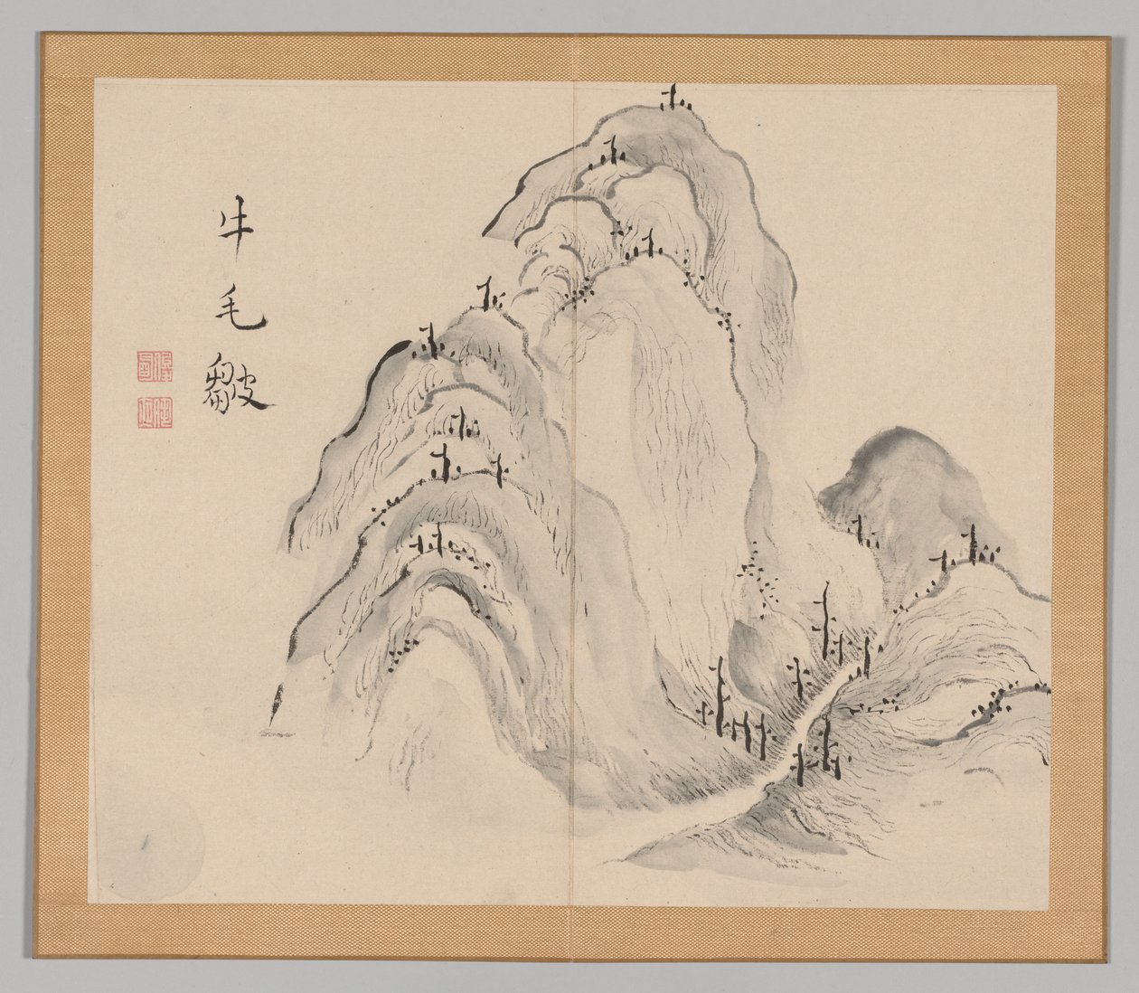 Dubbel Album van Landschapsstudies na Ikeno Taiga, Volume 1 blad 15, 18e eeuw door Aoki Shukuya