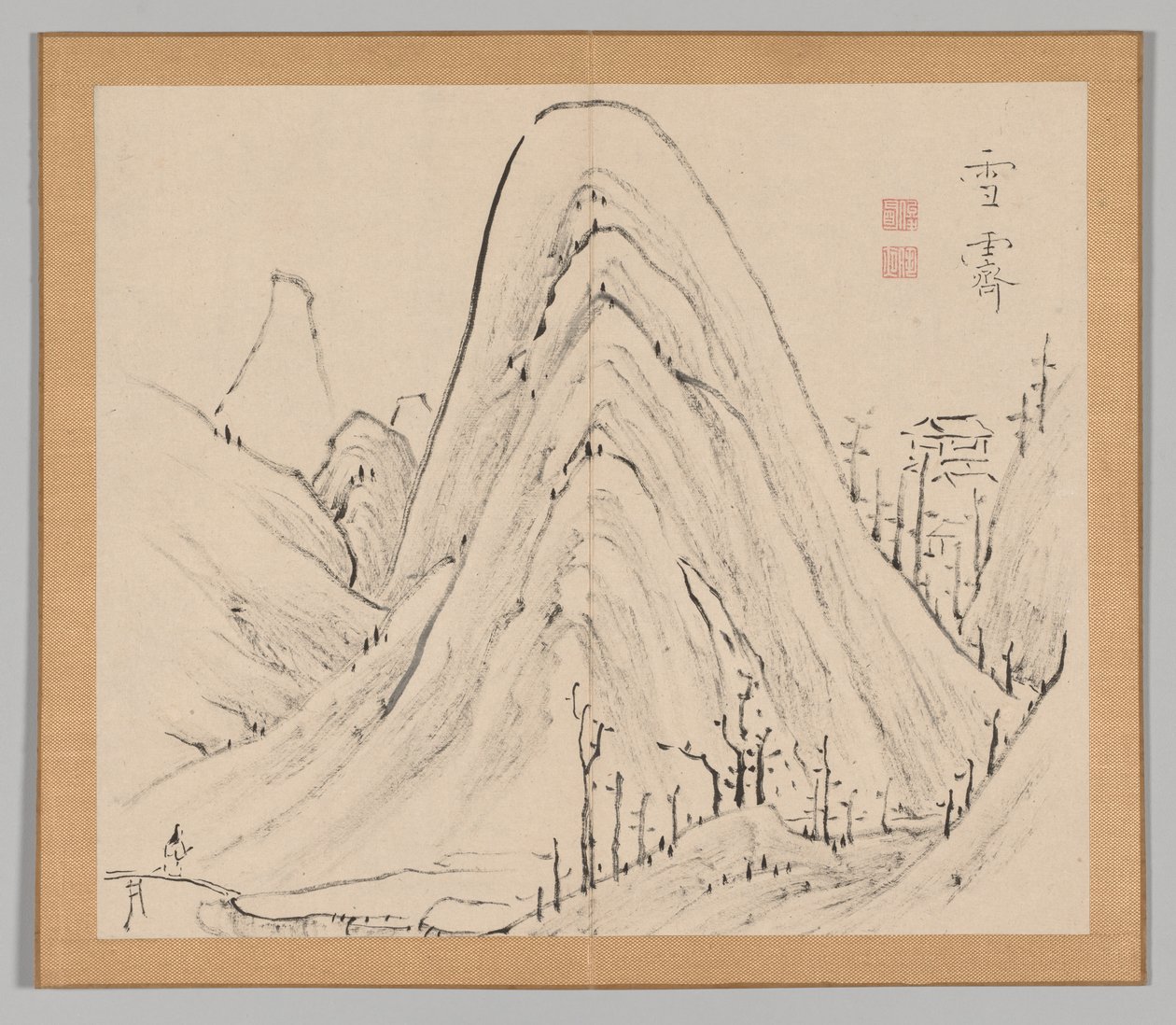 Dubbel album van landschapsstudies na Ikeno Taiga, Volume 1 blad 33, 18e eeuw door Aoki Shukuya