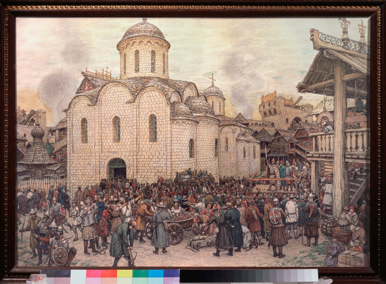 De invasie van Moskou door Khan Tokhtamysj in 1382 door Apollinari Mikhailovich Vasnetsov