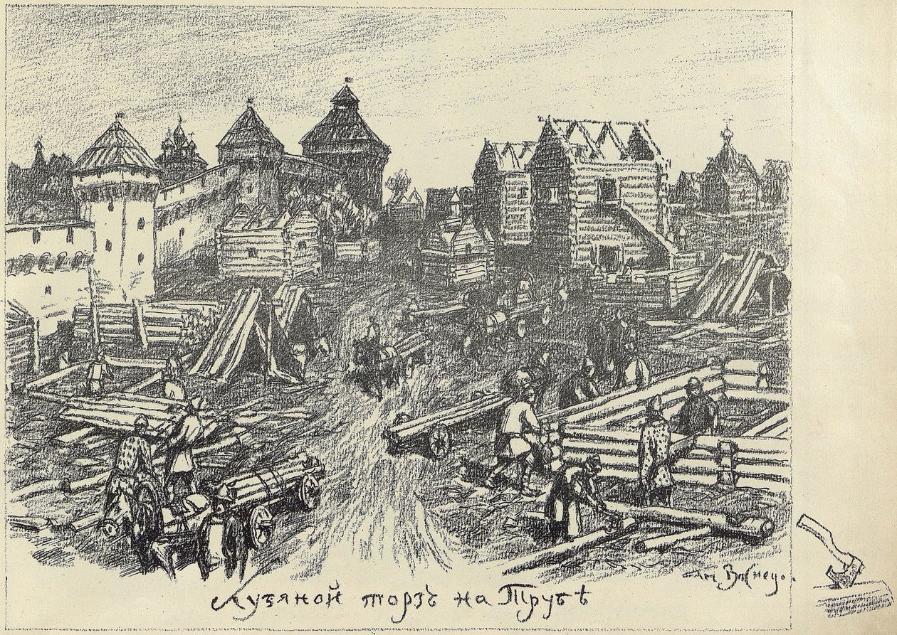 Lubyanoi Rynok Houtmarkt op het Truba Trubnaya-plein in Moskou, begin jaren 1920 door Apollinari Mikhailovich Vasnetsov