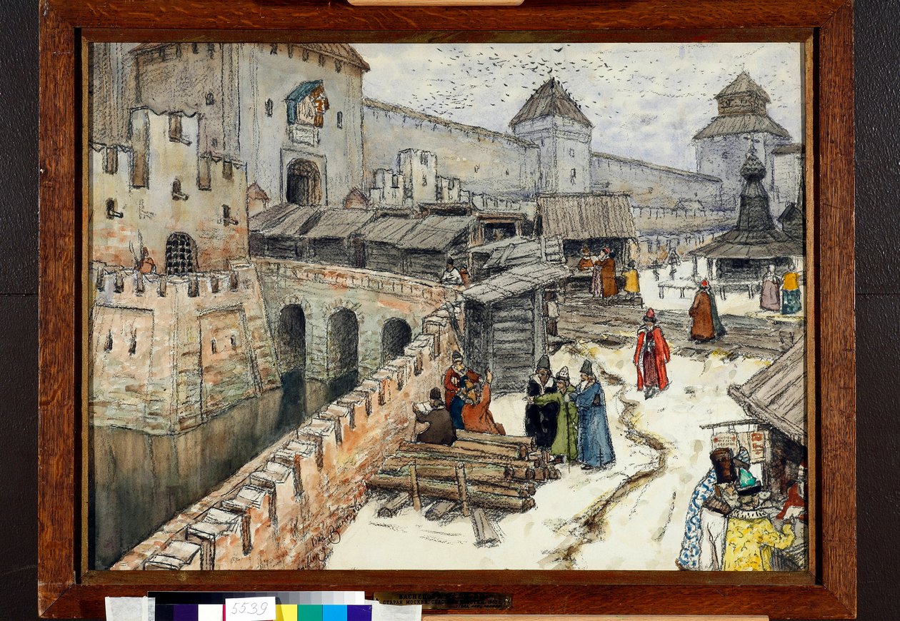 Moskou in de 17e eeuw, boekverkopers op de Christus Verlosserbrug door Apollinari Mikhailovich Vasnetsov