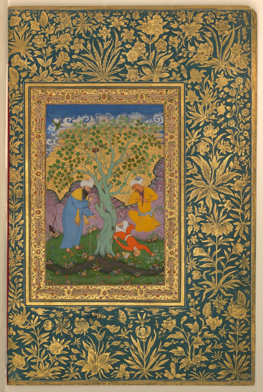 Aqa Riza, Een jongeling gevallen uit een boom, Folio uit het Shah Jahan Album door Aqa Riza
