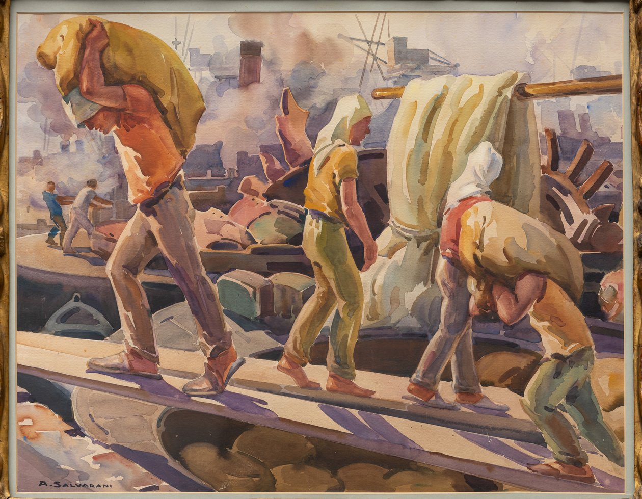 Arbeiders in de haven van Genua door Arcangelo Salvarani