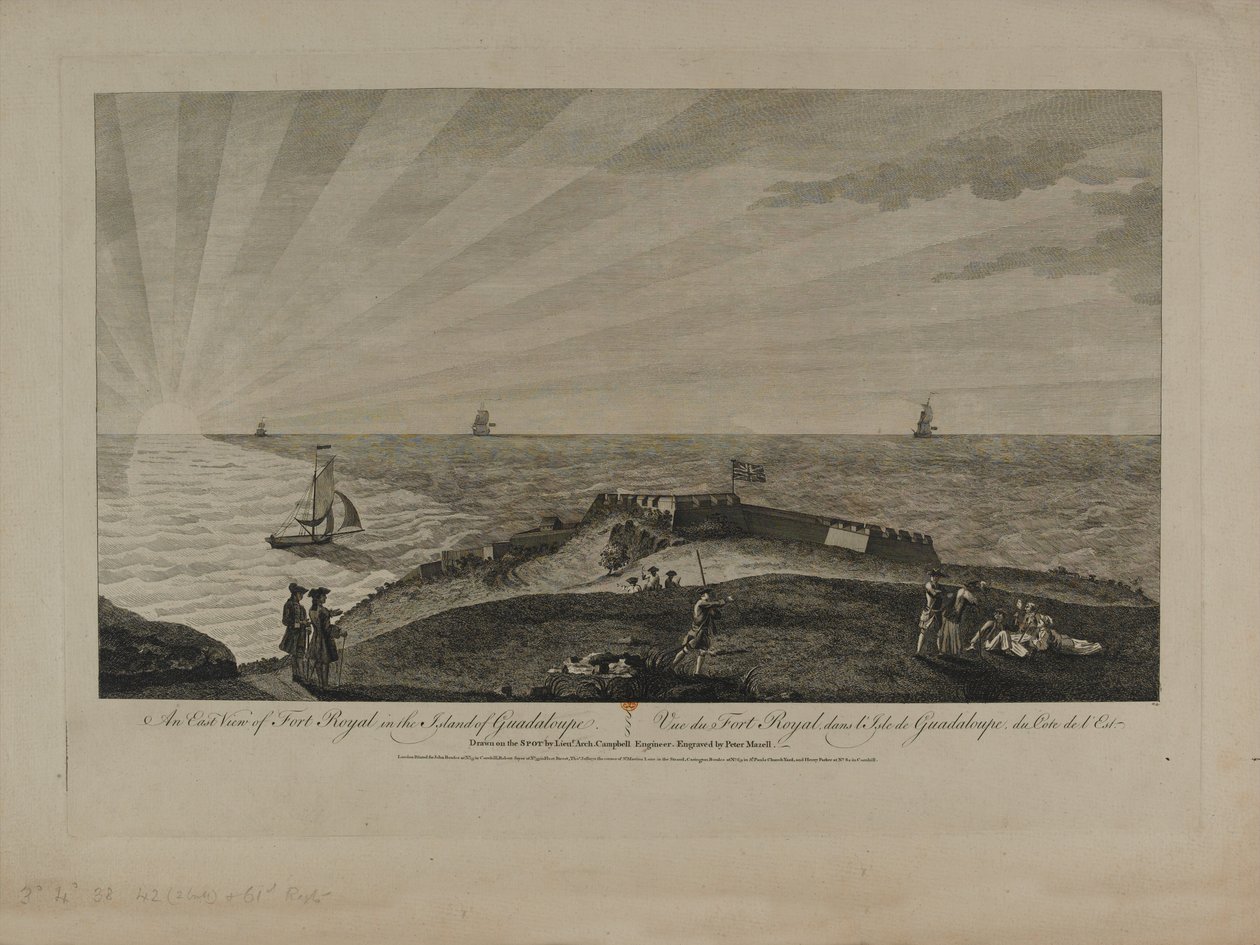 Oostelijk uitzicht op Fort Royal op het eiland Guadeloupe, gegraveerd door Peter Mazell (fl.1761-97) gepubliceerd c.1759 door Archibald Campbell