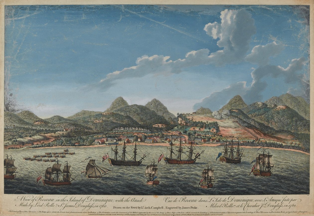 Uitzicht op Roseau op het eiland Dominica, met de aanval van 1760 door Lord Rollo (1703-65) en Sir James Douglas (1703-87) gegraveerd door Benazech, gepubliceerd in 1761 door Archibald Campbell