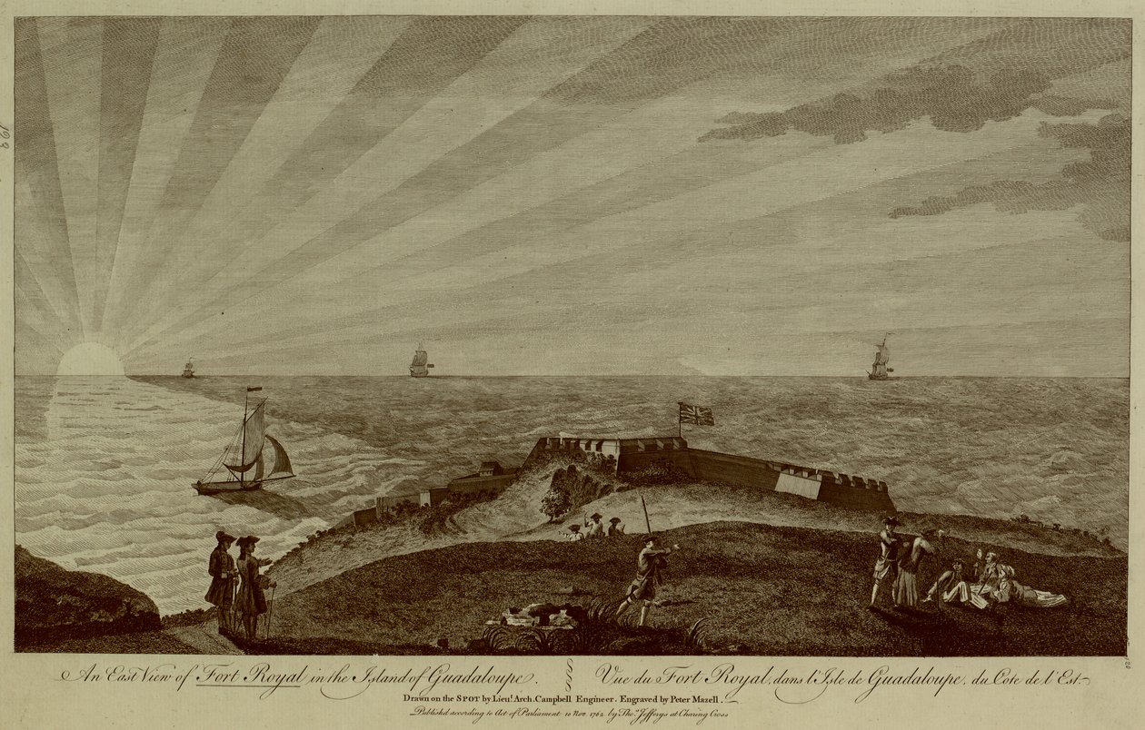 Een groep soldaten rust op een heuvel in de voorgrond, met Fort Royal daarachter, zeilschepen en de zon die ondergaat in de zee op de achtergrond door Archibald (after) Campbell