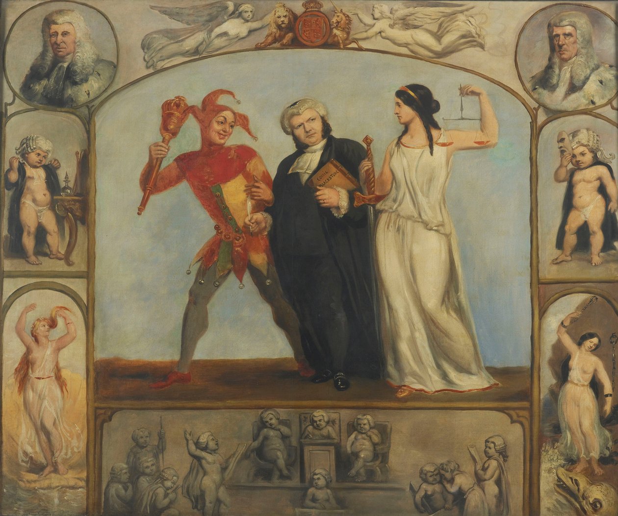 schilderij; olieverf op doek - Portret van Renton Nicholson met Allegorische Taferelen en Figuren door Archibald Henning