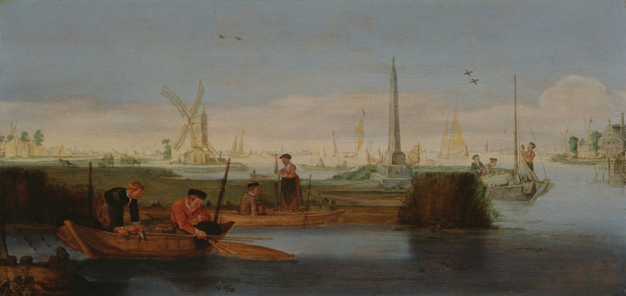 Rivierscène met vissers door Arentsz van der Cabel