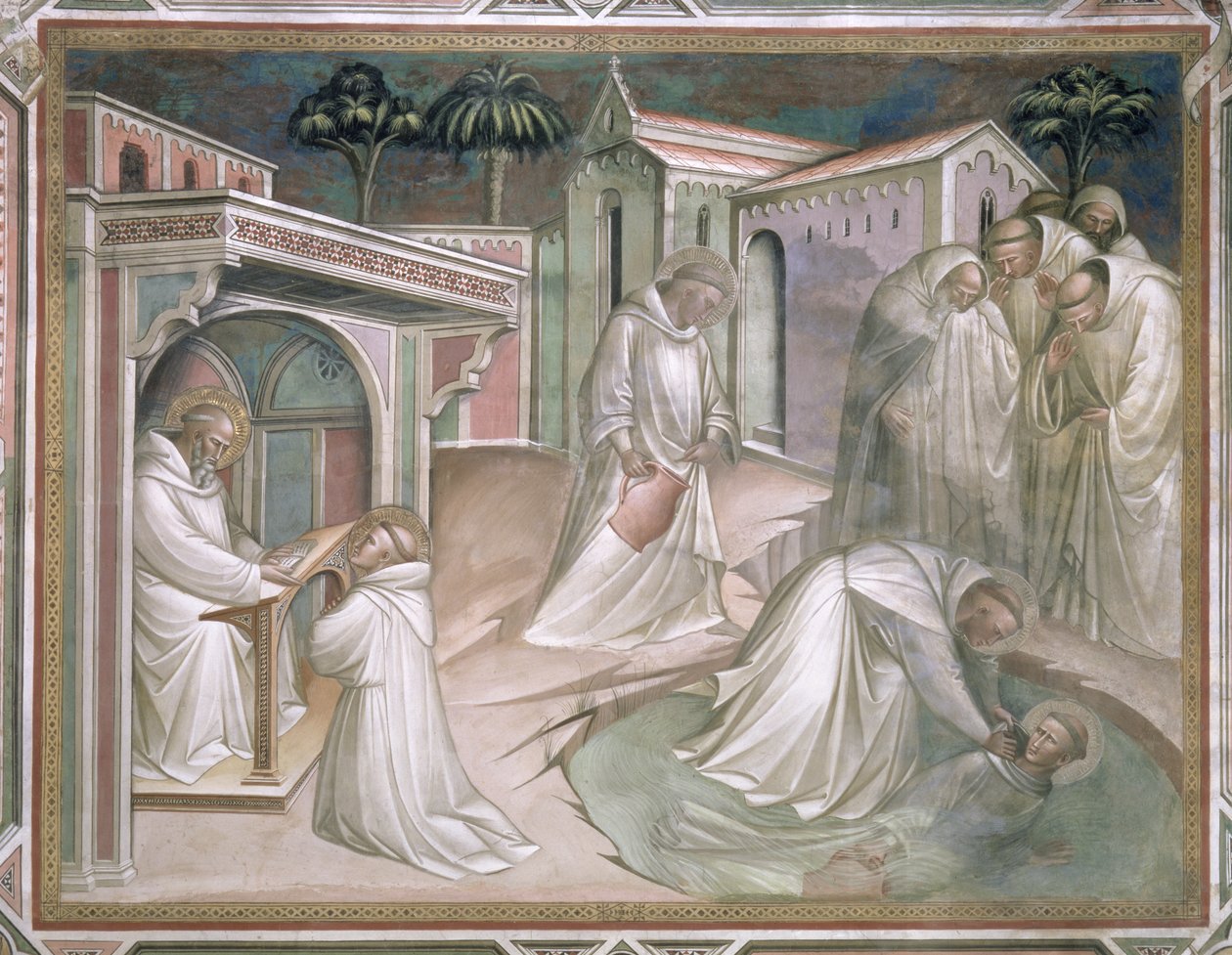 Maurus redt Placidus, detail uit het leven van Sint-Benedictus door Aretino Luca Spinello or Spinelli
