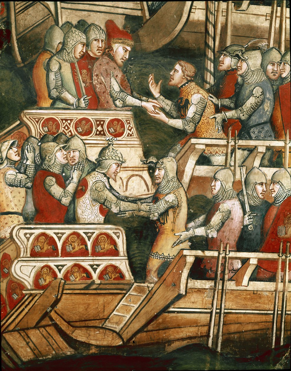 Zeeslag bij Punta Salvore in de Golf van Triëst. Detail van de uitwisseling van gijzelaars (fresco) door Aretino Luca Spinello or Spinelli