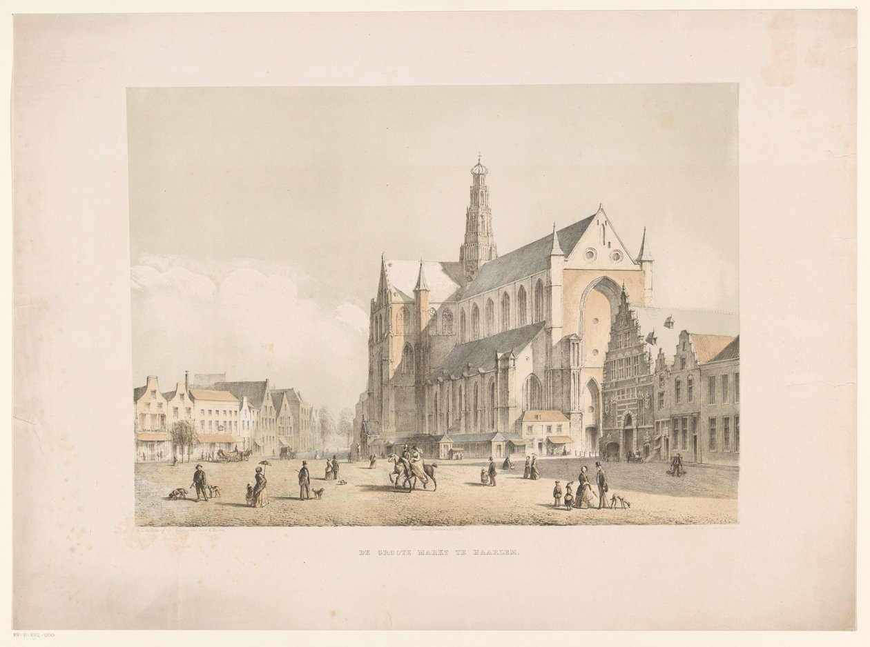 Gezicht op Sint-Bavo Kerk en de Grote Markt te Haarlem door Arie Ketting de Koningh