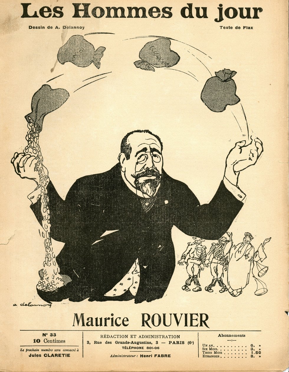Omslag van "Les Hommes du jour", circa 1906 - Illustratie door Aristide Delannoy (1874-1911): Zilver - Rouvier Maurice (1842-1911) - Jongleren door Aristide Delannoy