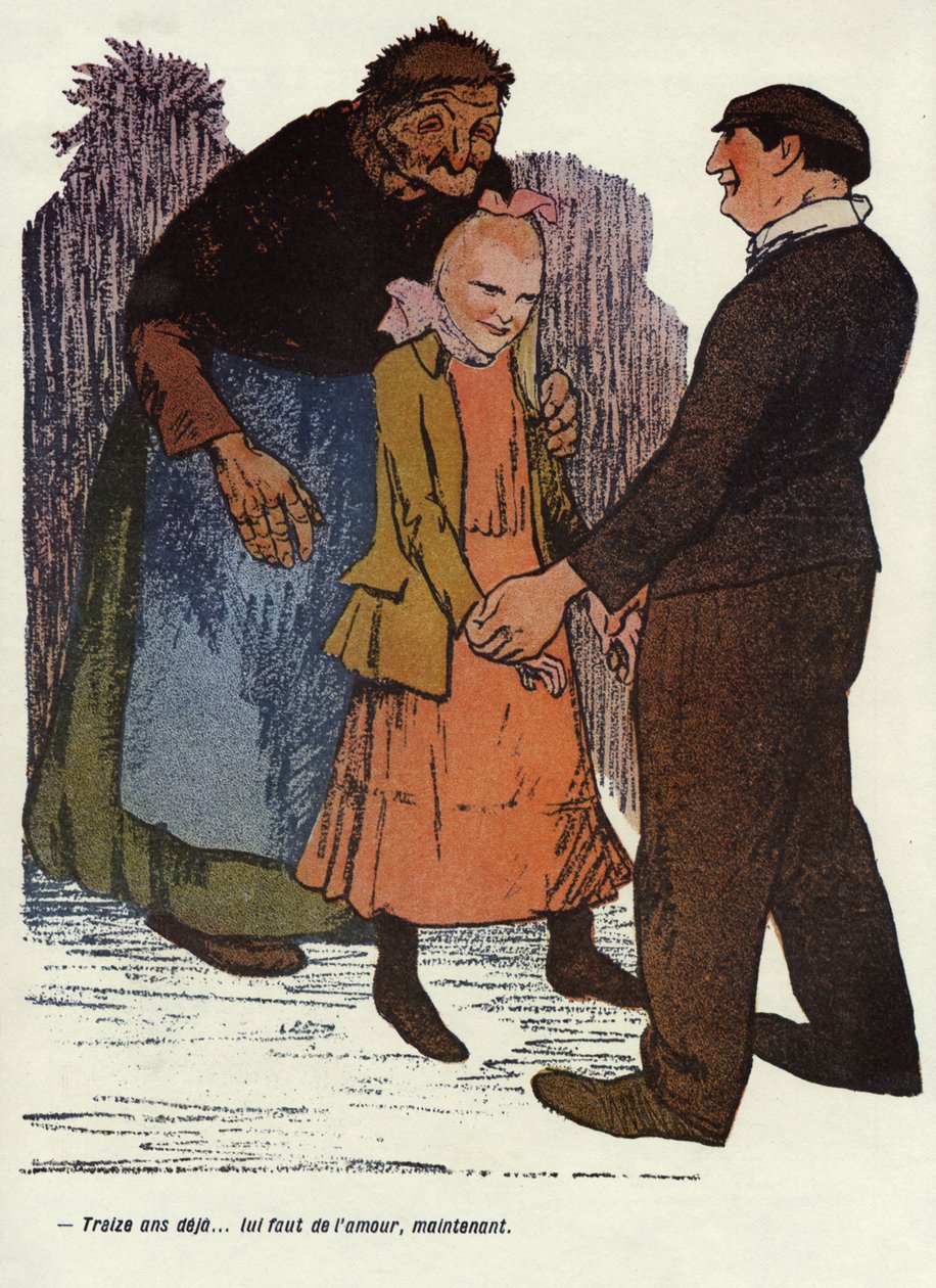 "Dertien jaar al... je hebt nu liefde nodig." Illustratie door Delannoy voor het Franse tijdschrift "" L