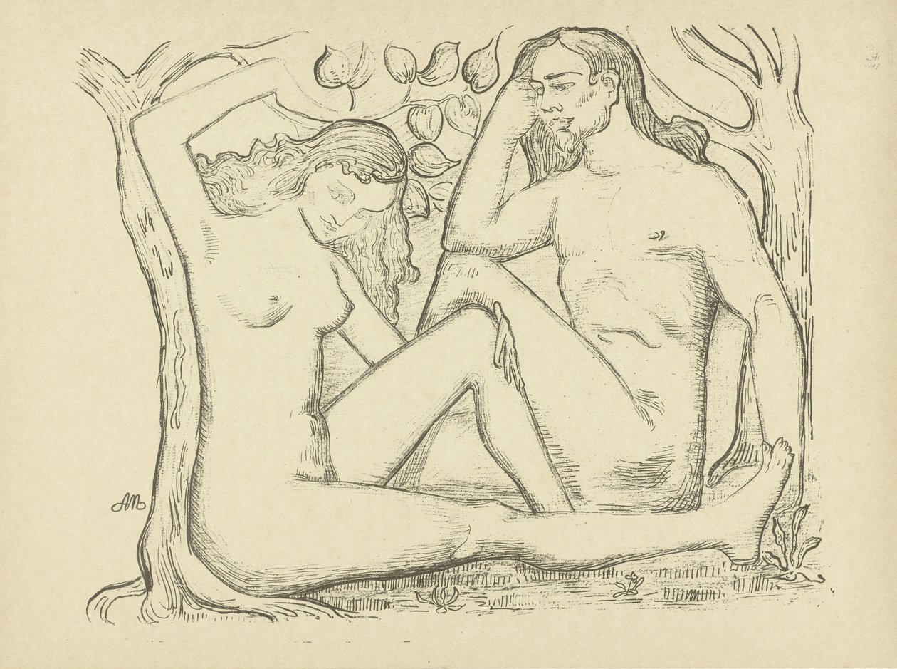Adam en Eva zittend bij boom door Aristide Maillol