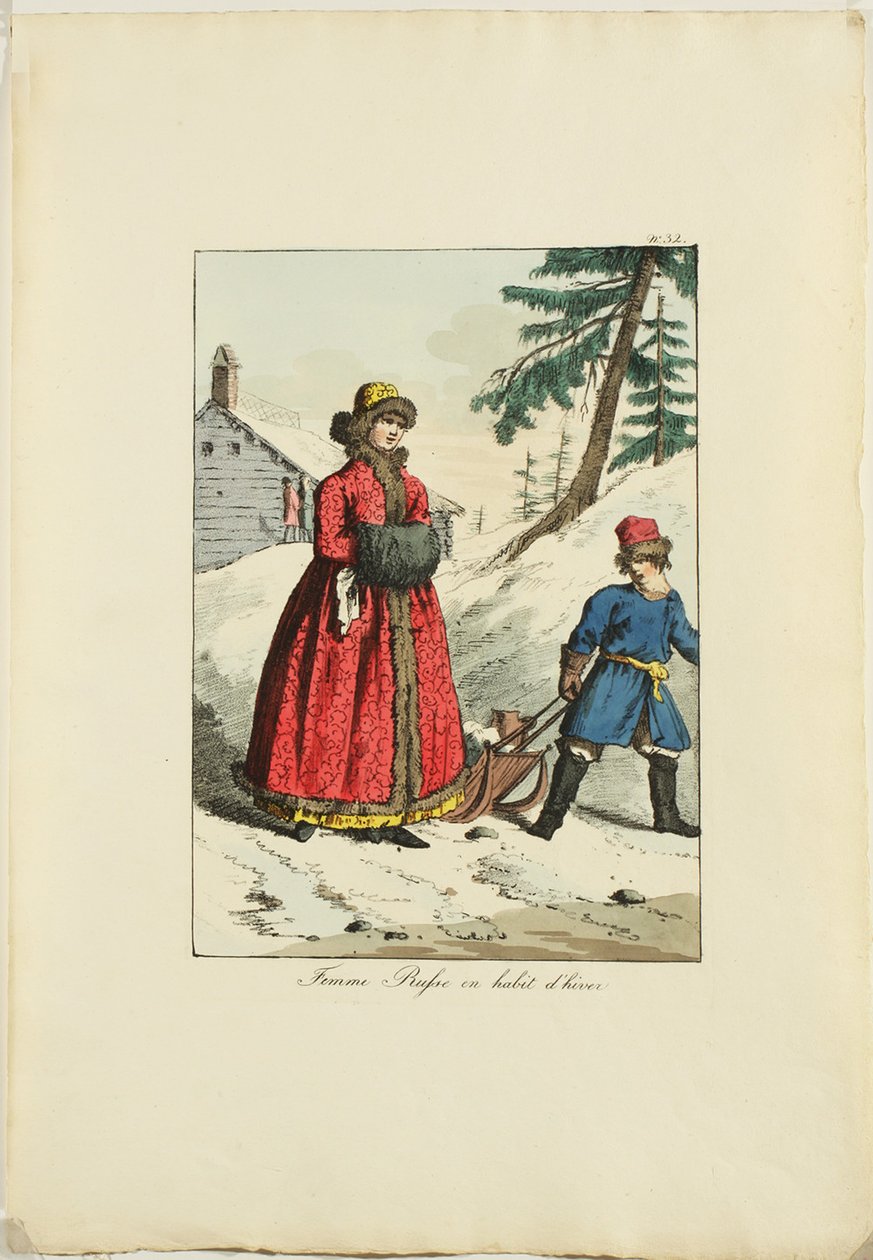 Russische winterkleding uit Moeurs et Costumes des Russes, 1817 door Armand Gustave Haubigant