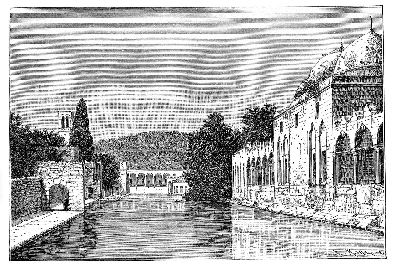 De moskee en Fontein van Abraham, Ofra At Tayyibah, Westelijke Jordaanoever, Israël, 1895 door Armand Kohl