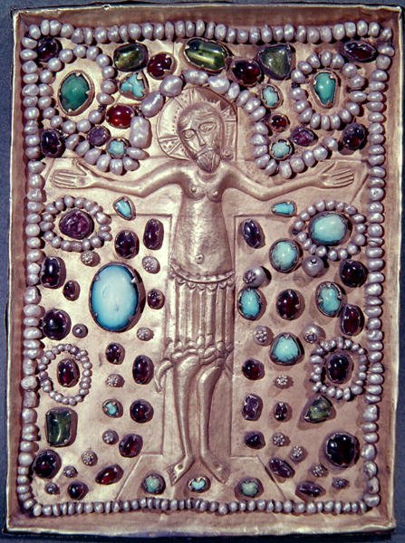 Reliekschrijn omslag van een Bijbel met Christus aan het Kruis (verguld zilver met parels en edelstenen) door Armenian School