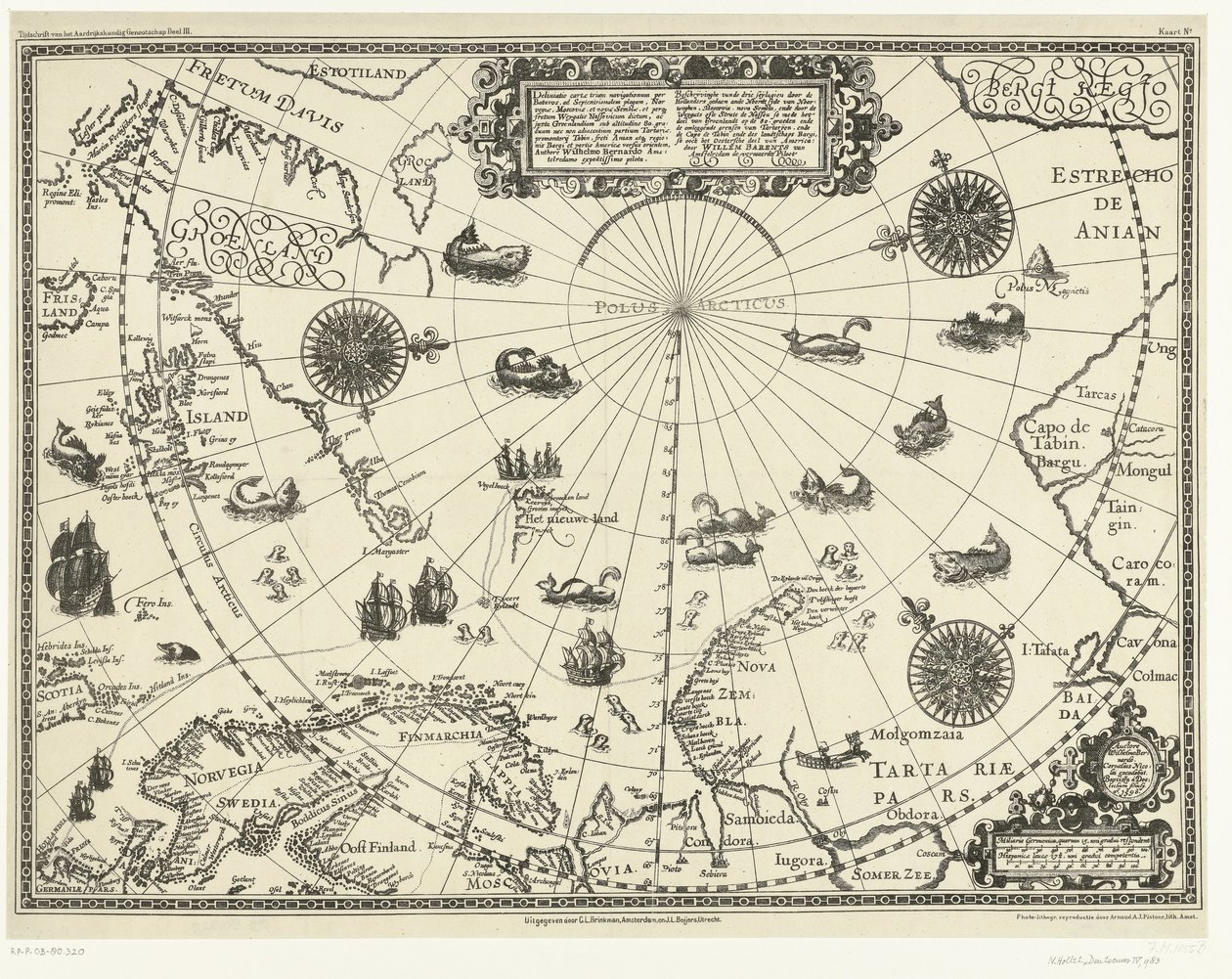 Kaart van de landen rond de poolcirkel met de drie reizen van de Nederlanders, 1598 door Arnaud A.J. Pistoor