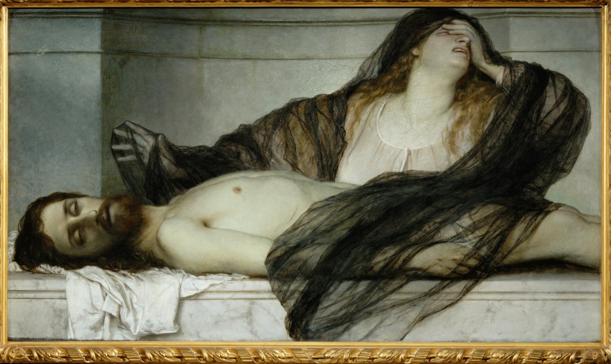 Maria Magdalena beweint den toten Christus - Maria Magdalena betreurt de dode Christus ... (schilderij op doek) door Arnold Böcklin