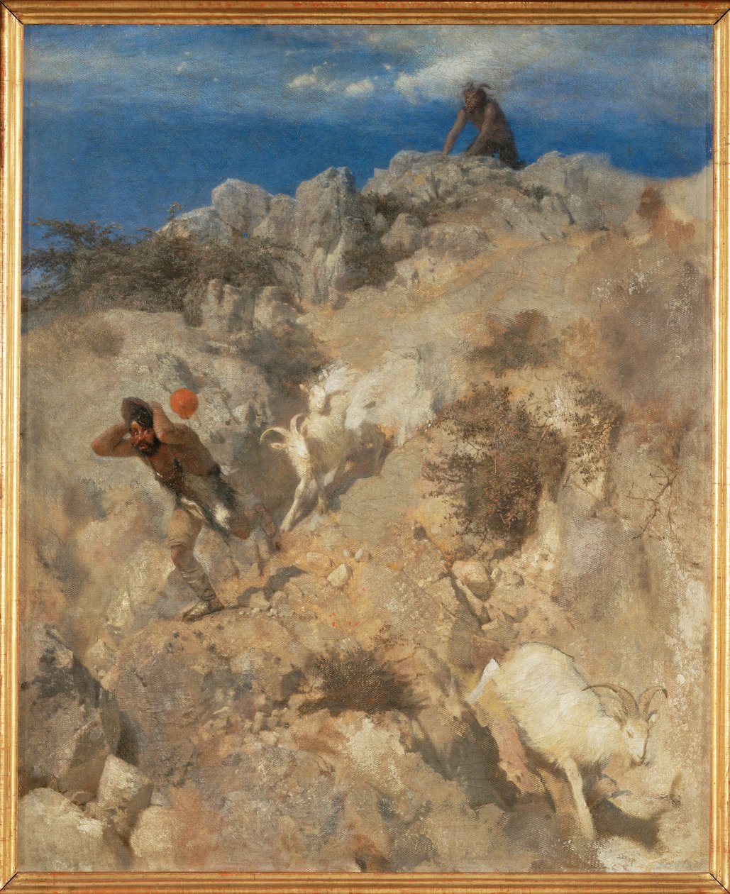 Pan laat een herder schrikken - Pan laat een herder schrikken ... (schilderij op doek) door Arnold Böcklin