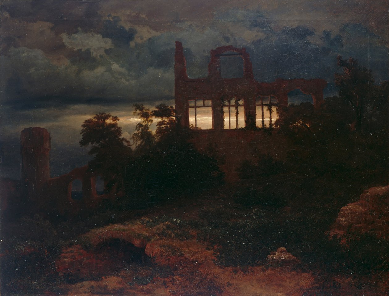 Ruïne tegen een sombere hemel door Arnold Böcklin